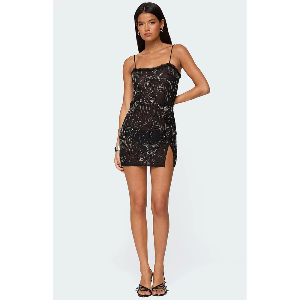 Edikted Mini Dress Black Beaded Mesh Sheer Fairy Glam Dainty Homecoming Hoco XS